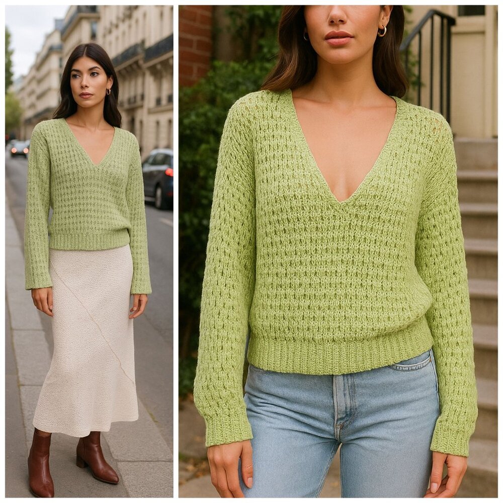 Free People Sweater Coconut V-Neck Green Kiwi Cream Combo Boho Women's Size S